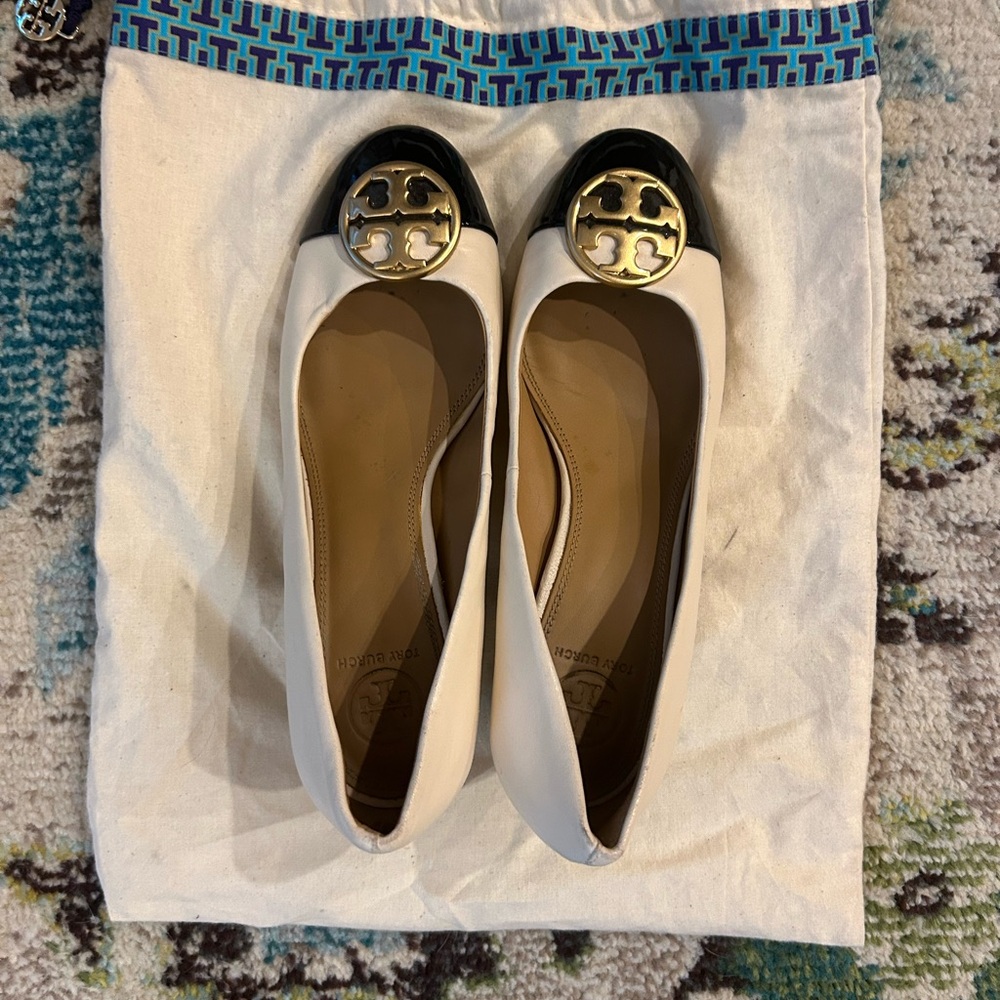 Tory Burch Black and Cream Flats with Gold Logo